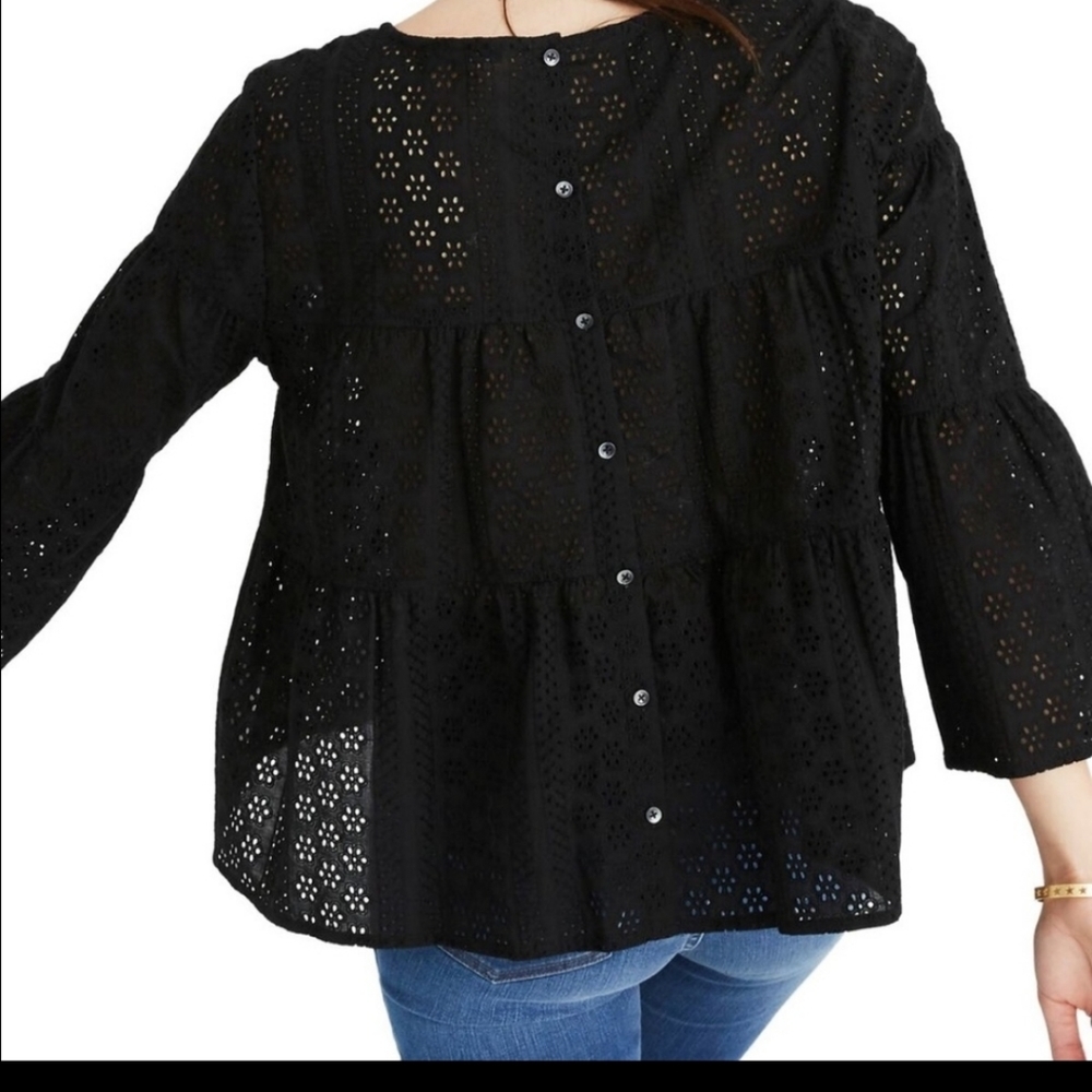 Madewell Black Eyelet Tiered Button Back Shirt xs - Picture 2 of 7